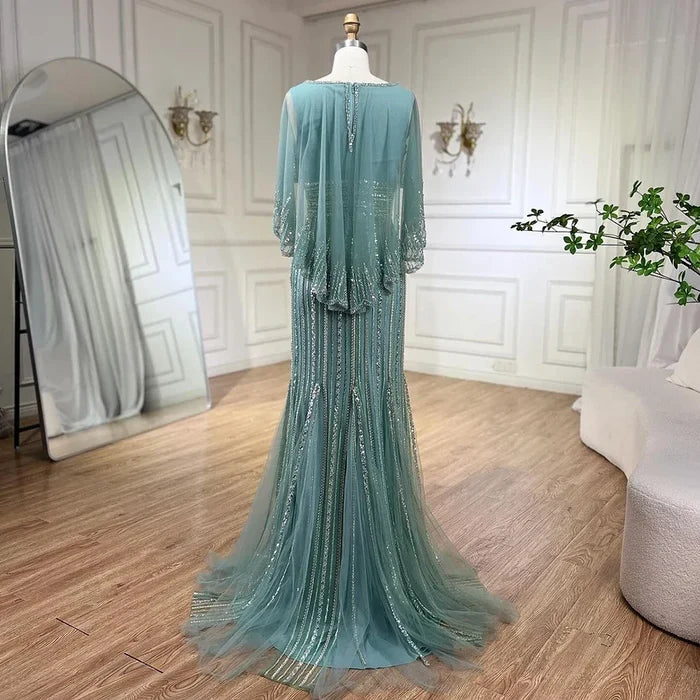 Luxury Turquoise Mermaid Evening Dress with Long Cape LA72258 - SERENE HILL
