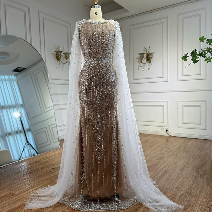 Luxury White Nude Mermaid Pearls Beaded Evening Dress with Cape Sleeves LA72444 - SERENE HILL