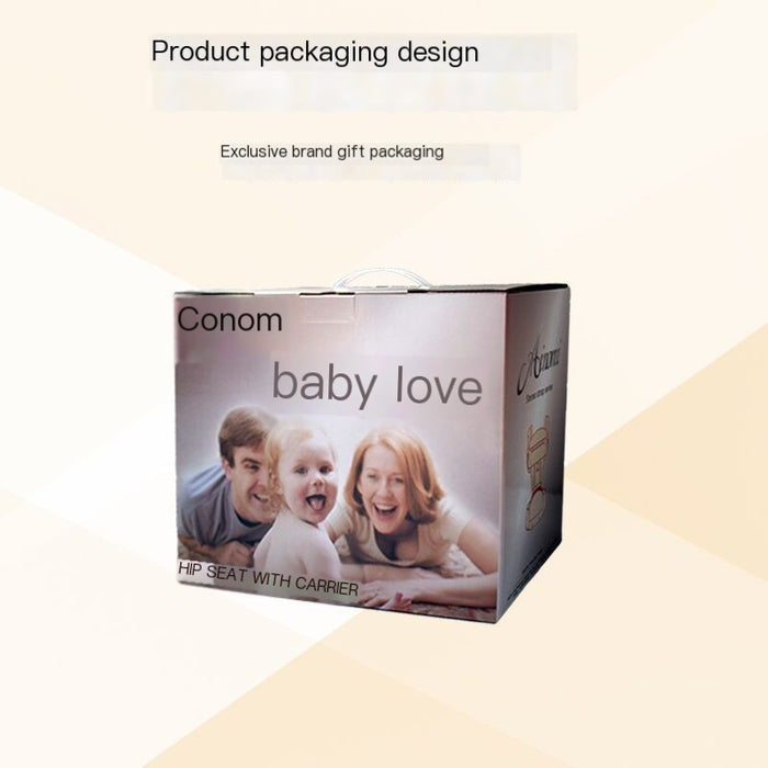 Multi-Functional Baby Carrier and Waist Stool product packaging design featuring happy family on box.
