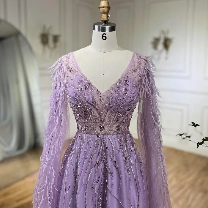 Nude Feathers A-line Evening Dress with Cape Sleeves LA72304 - SERENE HILL