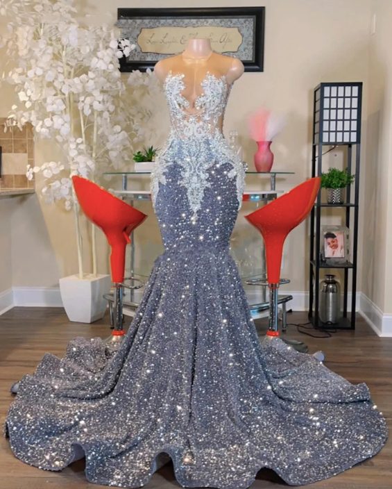 O Neck Silver Prom Dresses, Plus Size Prom Dresses, Sparkly Prom Dress Beaded Applique Prom Dresses
