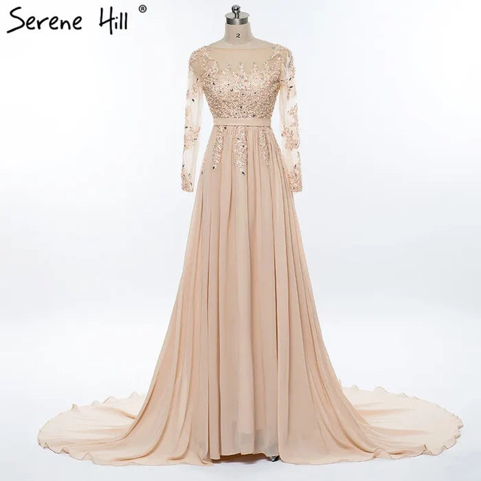 On Sale No Return No Refund Gray Beading Crystal Formal Long Sleeve Evening Dress HA2097 - SERENE HILL