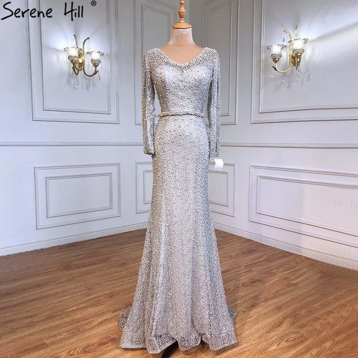 On Sale No Return No Refund Long Sleeve Wine Red Pearls Mermaid Evening Dresses 2025 Fashion Luxury Evening Gown Real Photo Dubai LA6428 - SERENE HILL