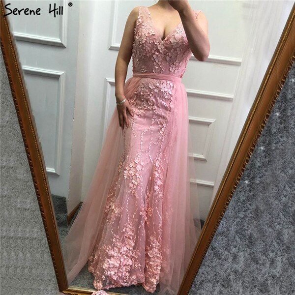 On Sale No Return No Refund Pink V-Neck Sexy Mermaid Dubai Evening Dresses 2025 Sleeveless Handmade Flowers Pearls Evening Gowns LA60737 - SERENE HILL