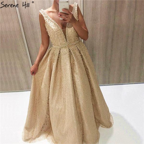 On Sale No Return No Refund Sale Sleeveless Deep-V Sexy Long Evening Dresses Pearls Crystal Evening Gown LA6173 - SERENE HILL