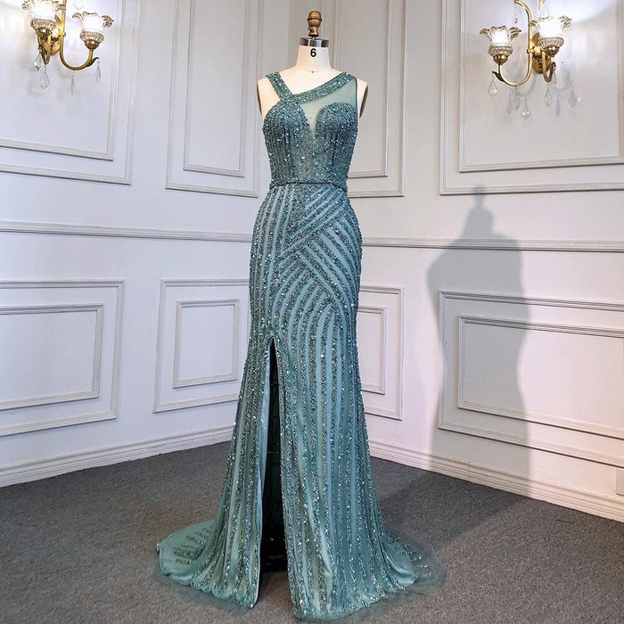On Sale no return no refund Serene Hill Blue Luxury High Split Evening Dresses Gowns Beaded Elegant Mermaid 2025 For Woman Party LA71580 - SERENE HILL