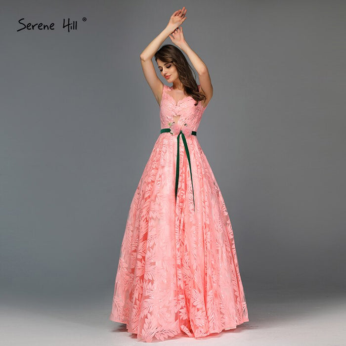 On Sale No Return No Refund Serene Hill Peach Flowers Belt Evening Dresses Gowns 2025 A-Line Cap Sleeves Sexy For Women Party LA60771 - SERENE HILL
