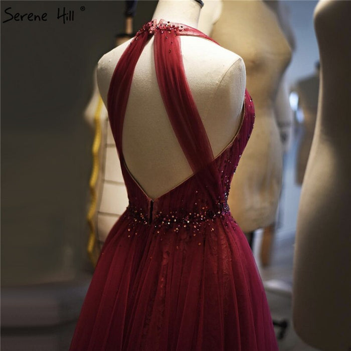 On Sale no return no refundSale Red Halter Sexy Sleeveless Evening Dresses 2025 Crystal A-Line Tulle Formal Dress Design Serene Hill LA70348 - SERENE HILL