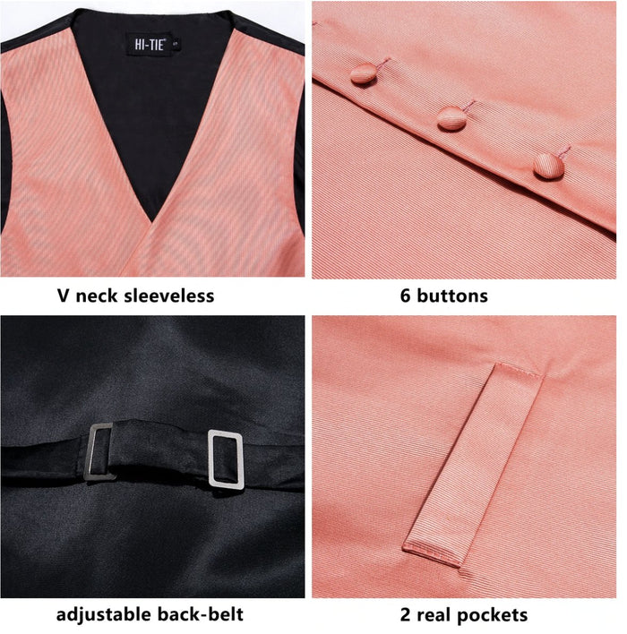 Orange-Pink 4 PC Paisley Silk Waistcoat and Necktie Pocket Square Cufflink Vest Set-MJ-0029 - SimonVon Shop