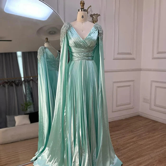 Rose Gold Beaded Satin A-Line Evening Dress with Cape Sleeves LA72663 - SERENE HILL