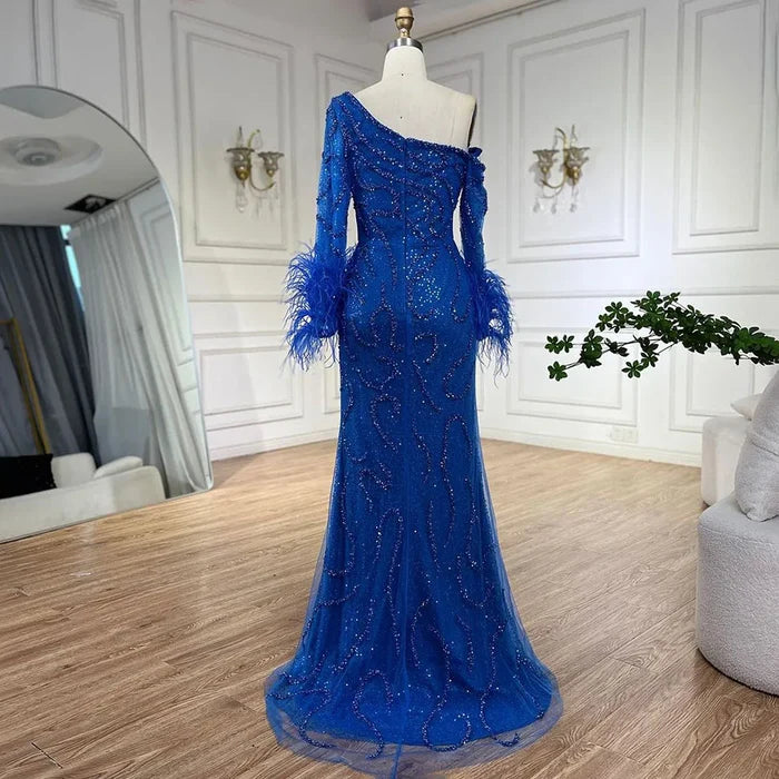 Royal Blue One-Shoulder Mermaid Evening Dress with Beads & Feathers LA72395 - SERENE HILL