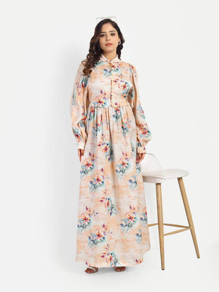 Women’s beige floral Saina dress with long sleeves, flowy maxi fit and elegant stylish design