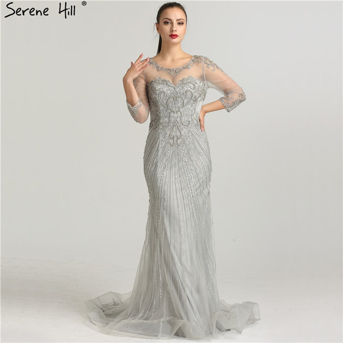 Sale Beading Sequined Tulle Evening Dress Transparent Long Sleeves Mermaid Evening Gown LA6395 - SERENE HILL