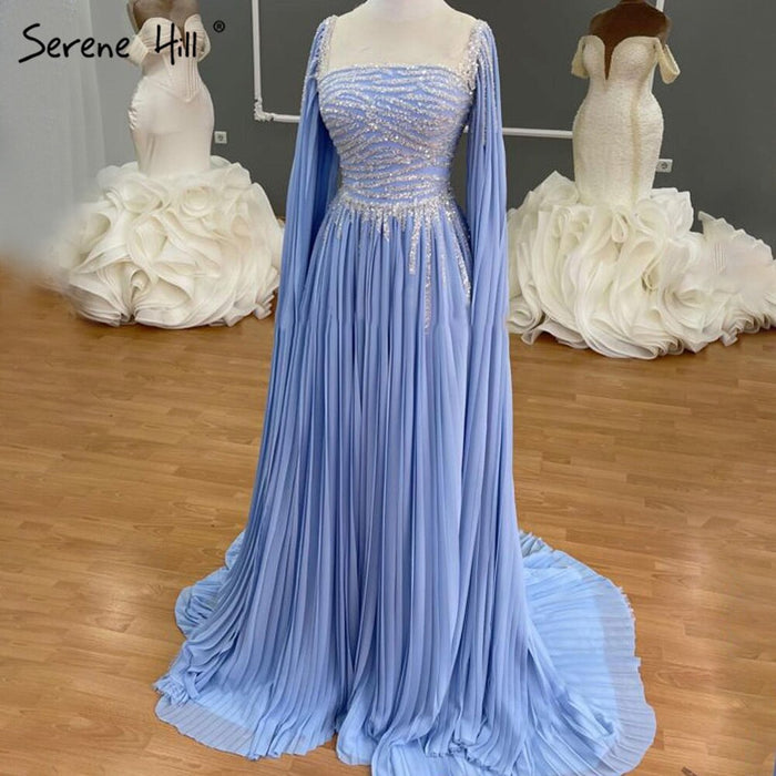 Serene Hill Blue Cape Sleeves Evening Dresses Gowns 2025 Beaded A-Line Chiffon For Women Party LA71319 - SERENE HILL