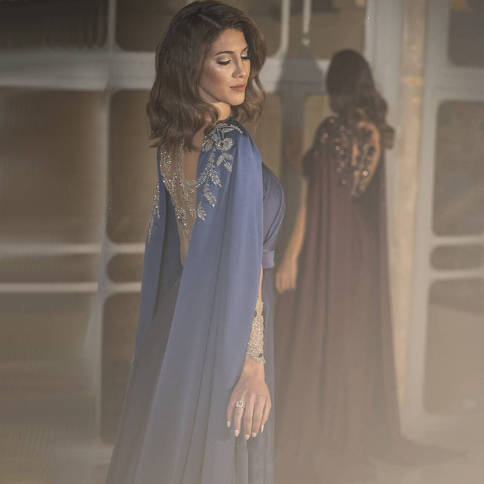 Serene Hill Blue Cape Sleeves Evening Dresses Gowns 2025 Beaded Satin Sexy A-Line For Woman Party LA71215 - SERENE HILL