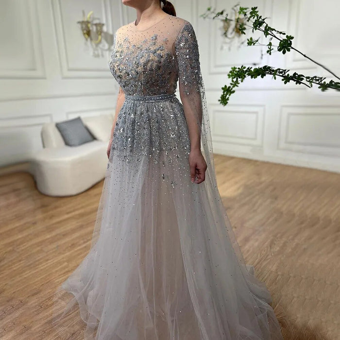 Serene Hill Dubai Arabic Gold Beaded Dubai Evening Dress With Cape Sleeves LA70454 - SERENE HILL