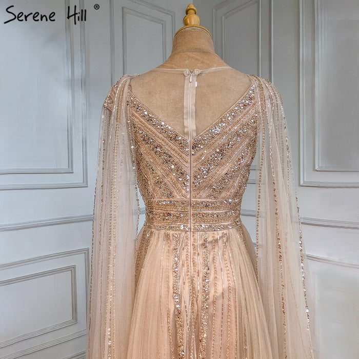 Serene Hill Gold Cape Sleeves A-Line Evening Dresses Gowns 2025 Luxury Beaded For Women Party LA71315 - SERENE HILL