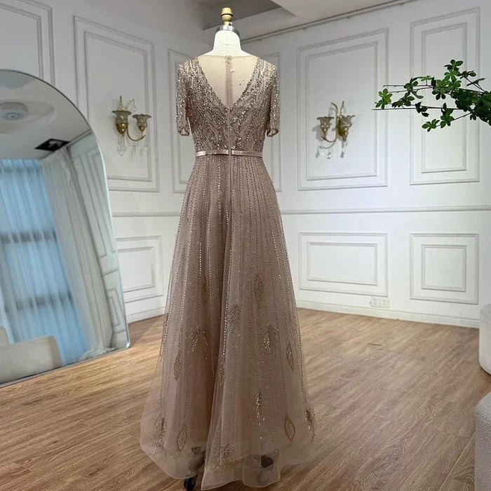 Serene Hill Gold Short Sleeves Evening Dresses Gowns 2025 Luxury Beaded A-Line For Woman Party LA71602 - SERENE HILL