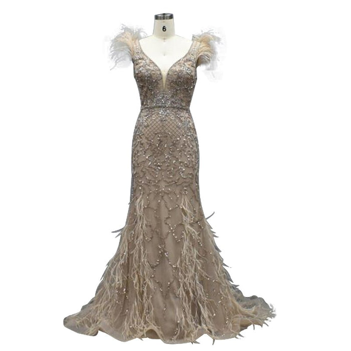 Serene Hill lilac Mermaid V-Neck Evening Dresses 2025 Feathers Beading Luxury Sexy Formal Dress LA70572 - SERENE HILL