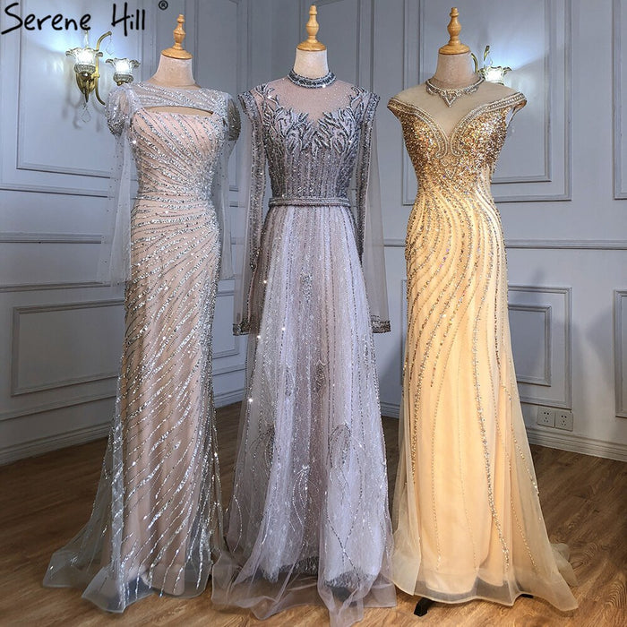 Serene Hill Luxury A-Line Silver Evening Dresses Gowns 2025 Beaded Cape Sleeve For Woman Party LA71443 - SERENE HILL