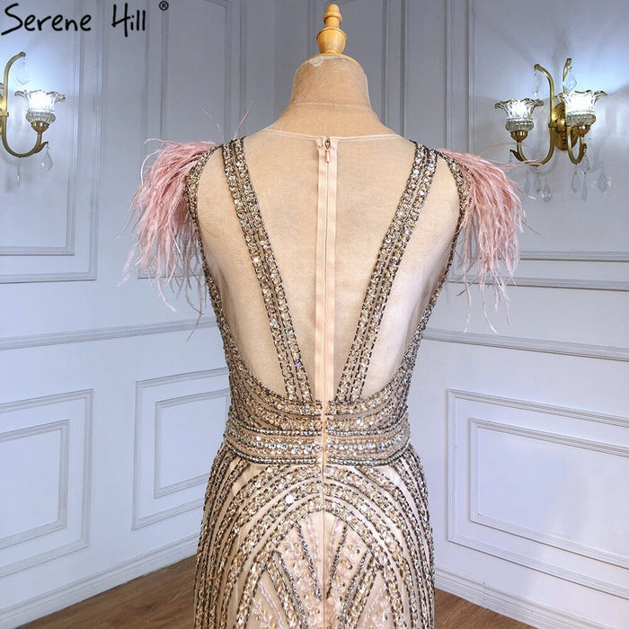 Serene Hill Luxury Mermaid Nude Evening Dresses Gowns 2025 Feather Beaded Elegant For Women Party LA71340 - SERENE HILL