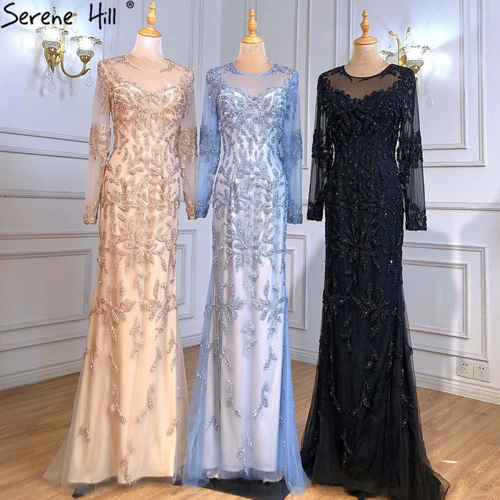 Serene Hill Muslim Blue Mermaid Evening Dresses Gowns 2025 Luxury Elegant Beaded For Women Party LA71479 - SERENE HILL