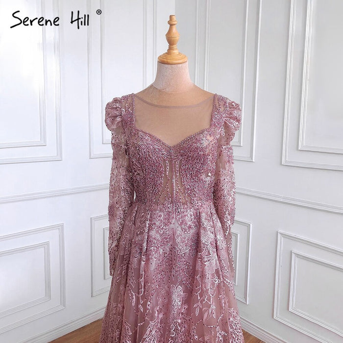 Serene Hill Muslim Luxury Pink Evening Dresses Gowns 2025 A-Line Beaded Lace For Women Party Dress LA71312 - SERENE HILL