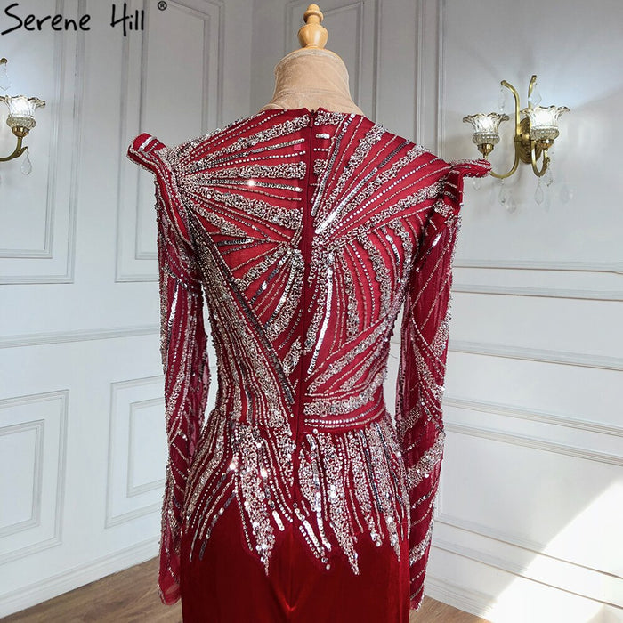Serene Hill Muslim Mermaid Wine Red Evening Dresses Gowns 2025 Beaded Elegant Satin For Women Party LA71449 - SERENE HILL
