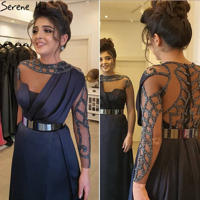 Serene Hill Muslim Navy Blue Satin A-Line Evening Dresses 2025 Beaded Sashes Party Gowns For Woman LA71138 - SERENE HILL