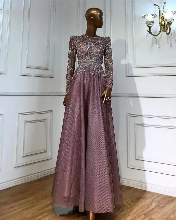 Serene Hill Muslim Pink A-Line Beaded Luxury Evening Dresses Gowns 2025 For Women Wedding Party LA71290A - SERENE HILL
