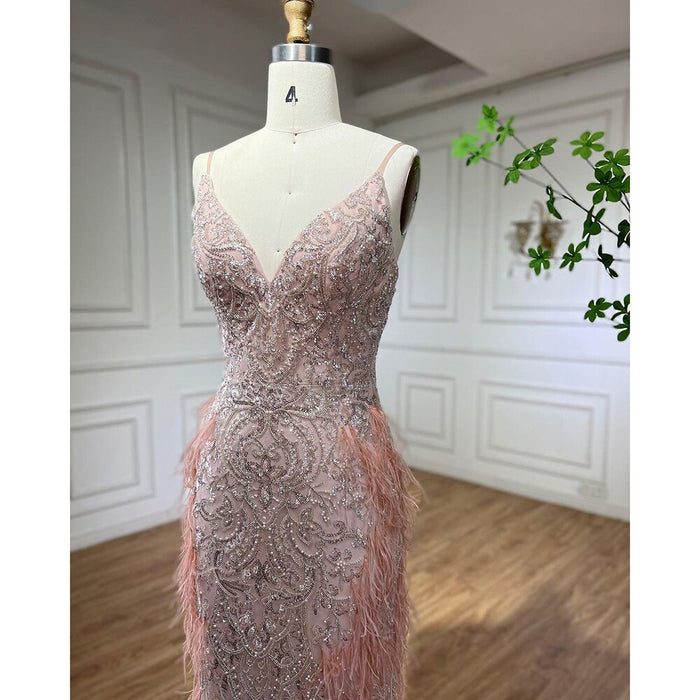 Serene Hill Pink Feathers Mermaid Evening Dresses 2025 Luxury Dubai Gowns for Women Wedding Party LA72105 - SERENE HILL