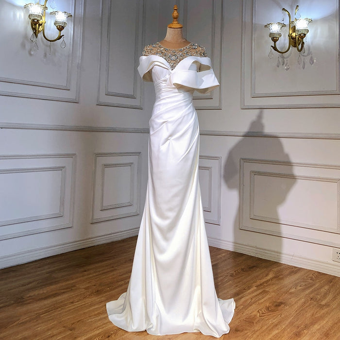 Serene Hill White Satin Beaded Evening Dresses Gowns 2025 Mermaid Elegant Luxury For Women Party LA71487 - SERENE HILL