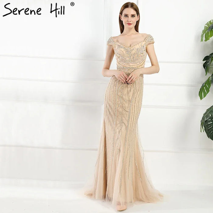 Sexy Off Shouler Diamond Gold Nude Mermaid Evening Dresses Sparkly Evening Gown 2025 Real Photo LA6110 - SERENE HILL