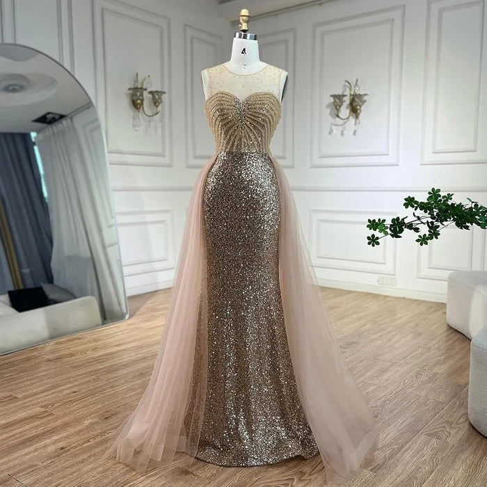 Sparkling Crystal Gold Evening Gown with Overskirt LA72588 - SERENE HILL