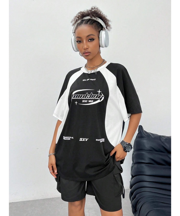 SXV 'Hustle dream’ Printed Cool Aesthetic colorblocked racing Oversized Baggy T-shirt