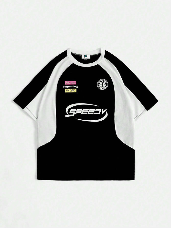 SXV 'SPEEDY’ Printed Colorblocked Racing Cool Aesthetic Oversized Baggy T-shirt