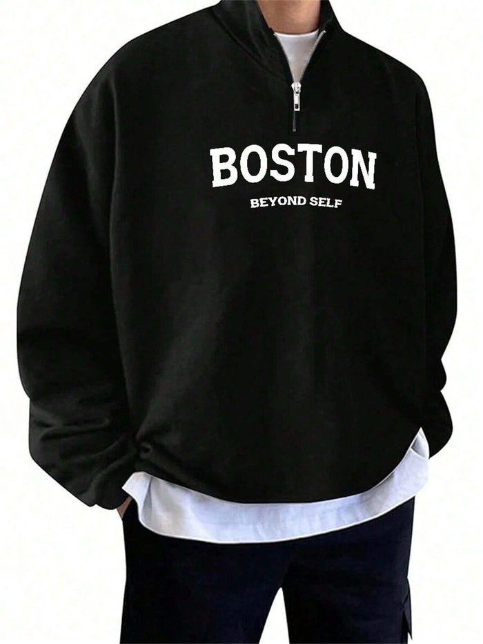 SXV STYLE Boston Printed Half Zipper Collared Sweatshirt for Men