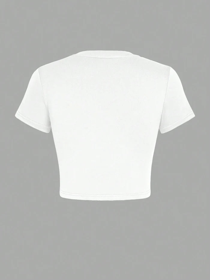 SXV Women Casual Crew Neck Short Sleeve Letter Print Cropped Slim Fit T-Shirt