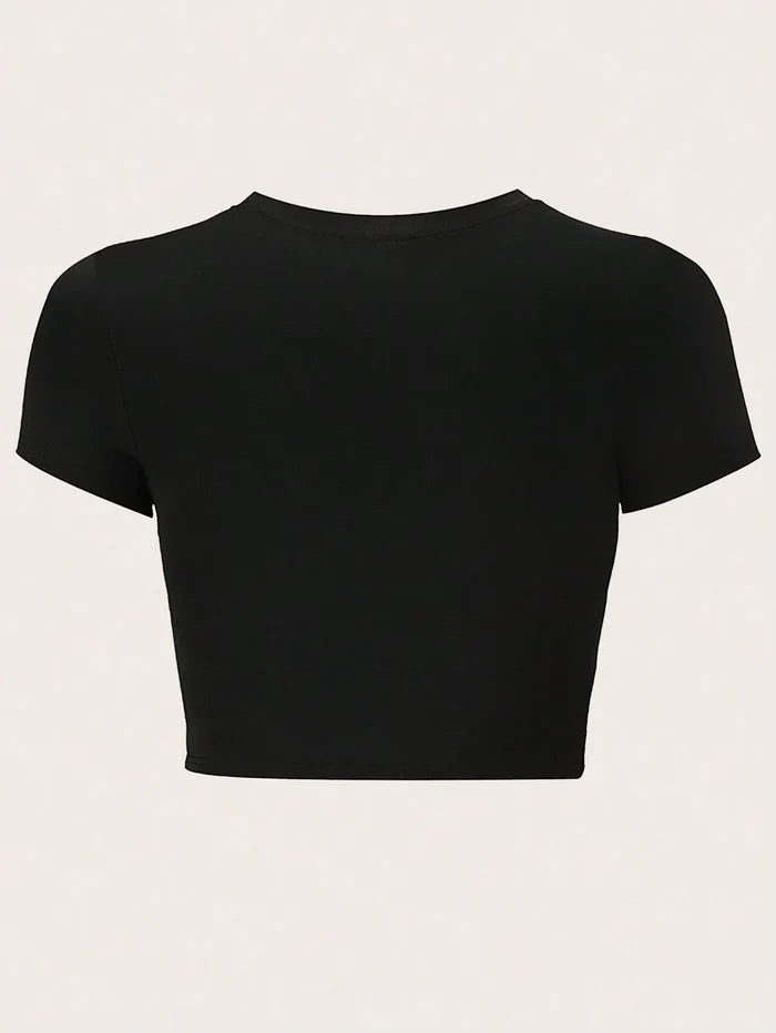SXV women's Summer Midriff-Baring Pink Slogan Cropped T-Shirt, Black Short Sleeve