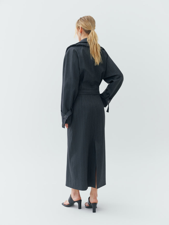 Sustainable Workwear Modular Pinstripe Gray Trench Coat with Buttons and Zippers – Bastet Noir