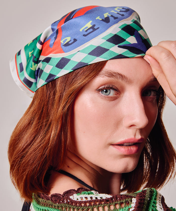 Tinned Fish Silk Bandana in color leaf green