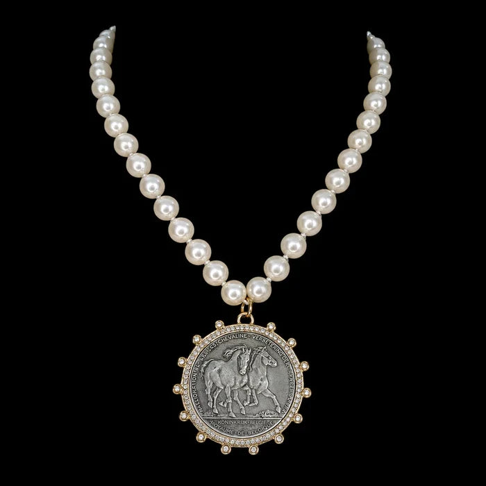 Vintage Pearl Necklace with Silver Horse Coin