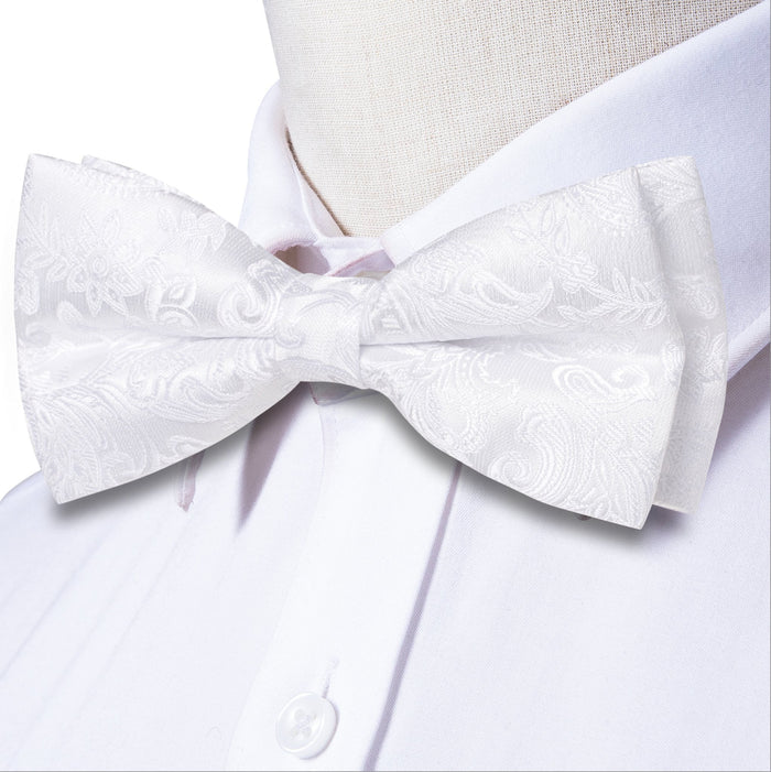 White Paisley Silk Bowtie Pocket Square Cufflinks Set- LH-0581 - SimonVon Shop