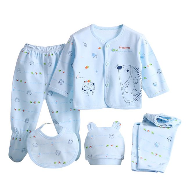 0-3 Months Newborn Baby Clothing Set - 5pcs Cotton Suits in blue with hedgehog and fish designs.
