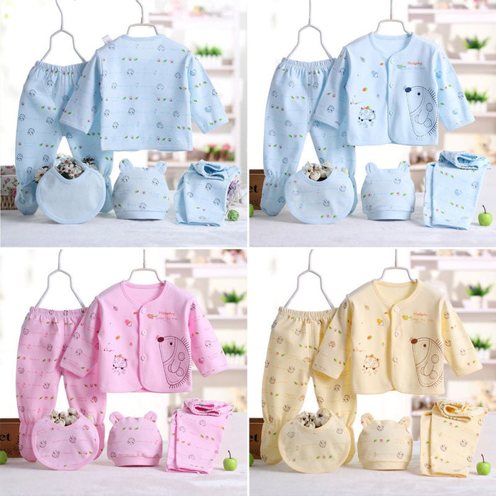0-3 Months Newborn Baby Clothing Set - 5pcs Cotton Suits in blue, pink, and yellow, featuring charming designs.