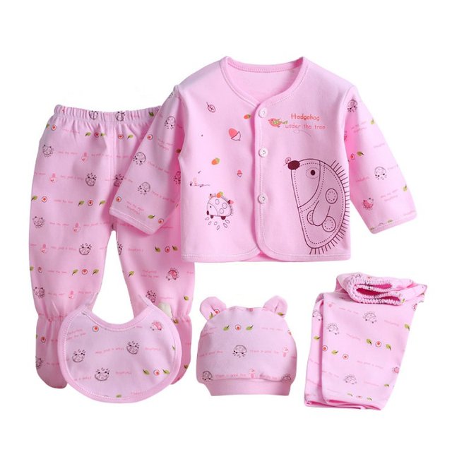 0-3 Months Newborn Baby Clothing Set - 5pcs Cotton Suits in pink with adorable hedgehog patterns.