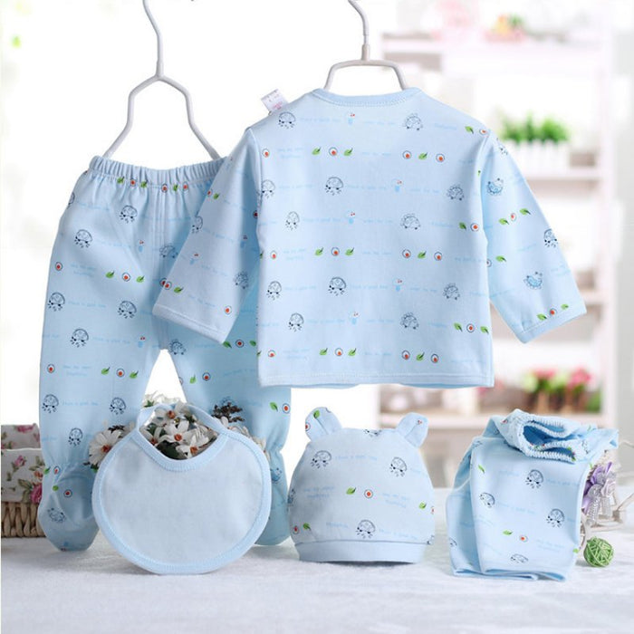 0-3 Months Newborn Baby Clothing Set - 5pcs Cotton Suits in blue with cute bear design