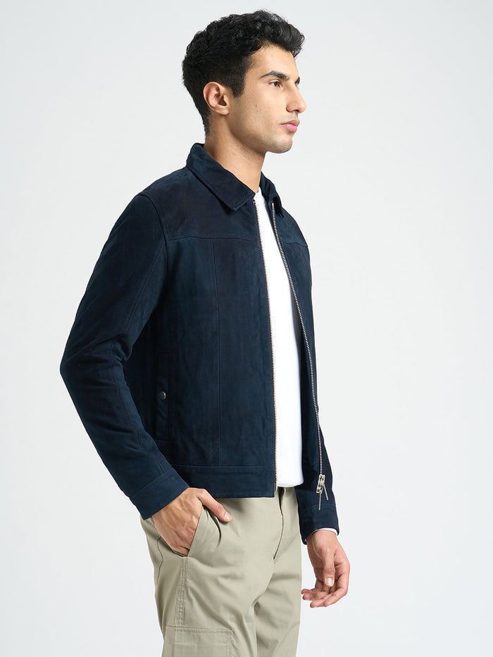 100% Suede Zip-Through Jacket - Blue