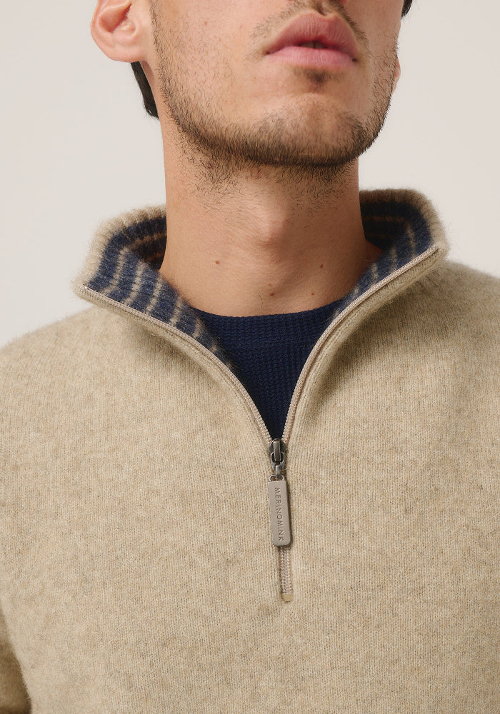 Possum and Merino

100309 Whittaker Half Zip – A Merinomink signature zip sweater with striped contrast collar features a Merinomink zip pull. This timeless piece can be dressed up or down to suit almost any occasion. A classic fit.

Made in New Zealand from an exclusive Merinomink blend of 50% ZQ Merino, 40% Brushtail possum and 10% Mulberry silk.