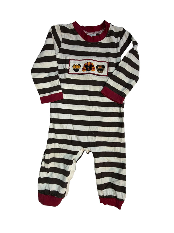 12M Awe Smock Brown and White and Red Striped Turkey Smocked Long-sleeve Longall GUC